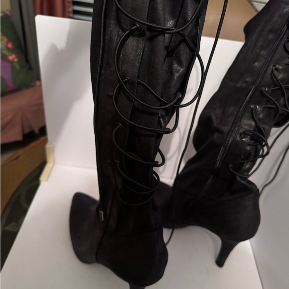 BCBG  zip and lace up heeled boot, feels like soft pony hair but is fabric. - Picture 4 of 9
